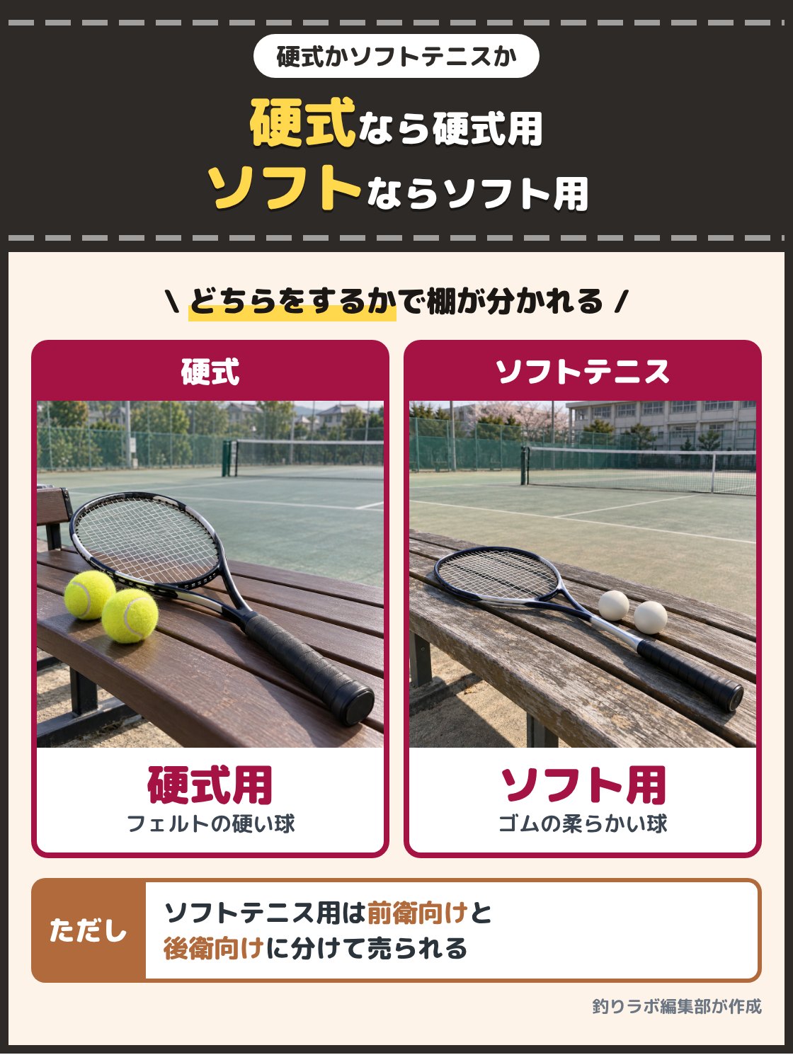 黄色い硬式テニスボールと硬式用ラケット、白いゴムのソフトテニスボールとソフトテニス用ラケットの写真。硬式テニスとソフトテニスはボールが違い、ラケットも別に作られているので、まずどちらをするかで選ぶ